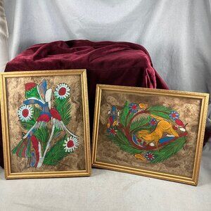 2 Vtg framed Mexican Folk Art Amate Bark Paper Bird Paintings Colorful Pictures